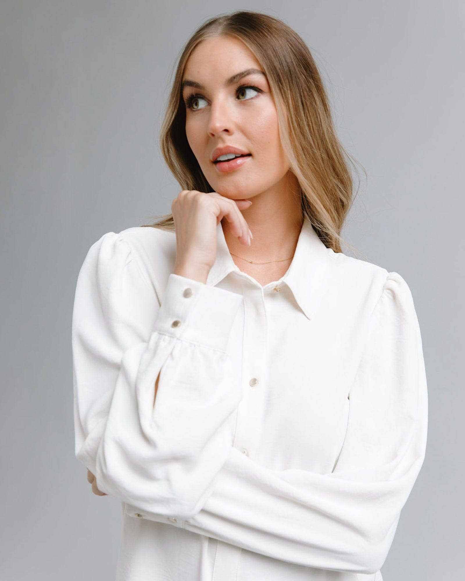 Jovi Blouse White gold buttons long sleeve blouse timeless elegant Jovi Blouse: L / Gardenia - Jennifer Kay Design