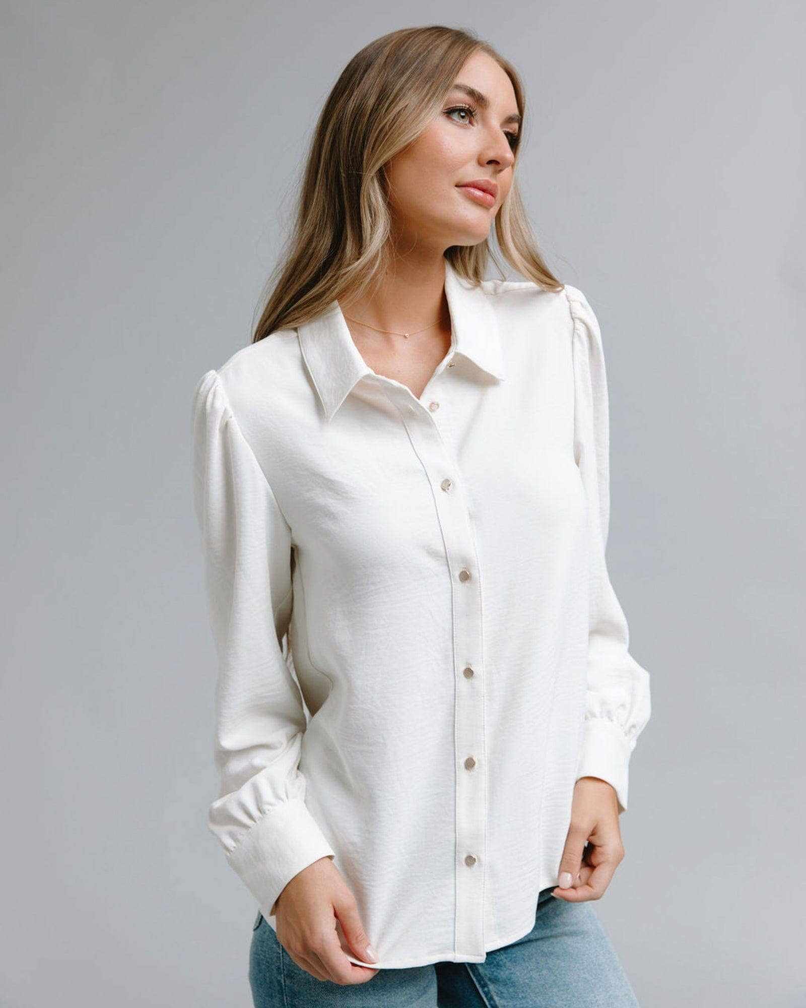 Jovi Blouse White gold buttons long sleeve blouse timeless elegant Jovi Blouse: L / Gardenia - Jennifer Kay Design