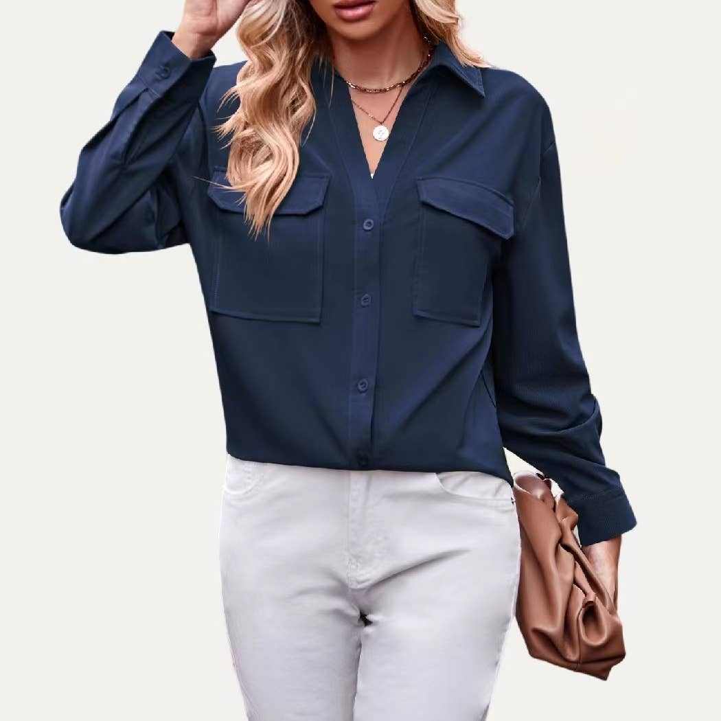 Textured Solid Collared Neckline Button-Down Long Sleeve Top: NAVY / M - Jennifer Kay Design